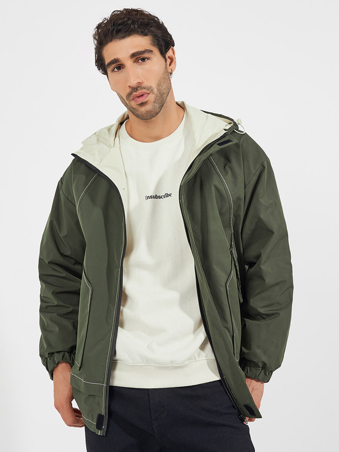 Styli Men Hooded Contrast Stitch Detail Lined Parka Jacket
