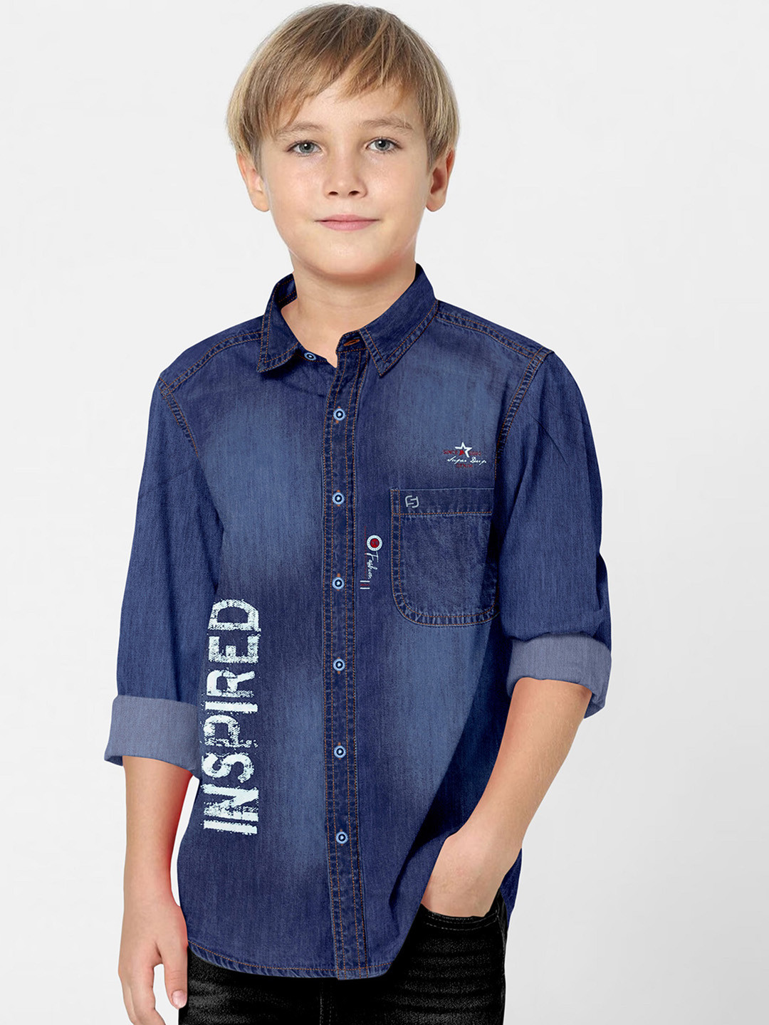 FABFARM Boys Classic Spread Collar Faded Denim Casual Shirt