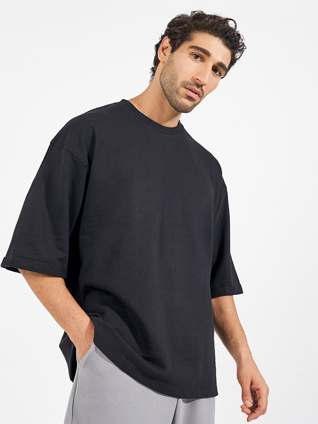Styli Men Solid Boxy Fit Terry T-shirt with Rolled Sleeve