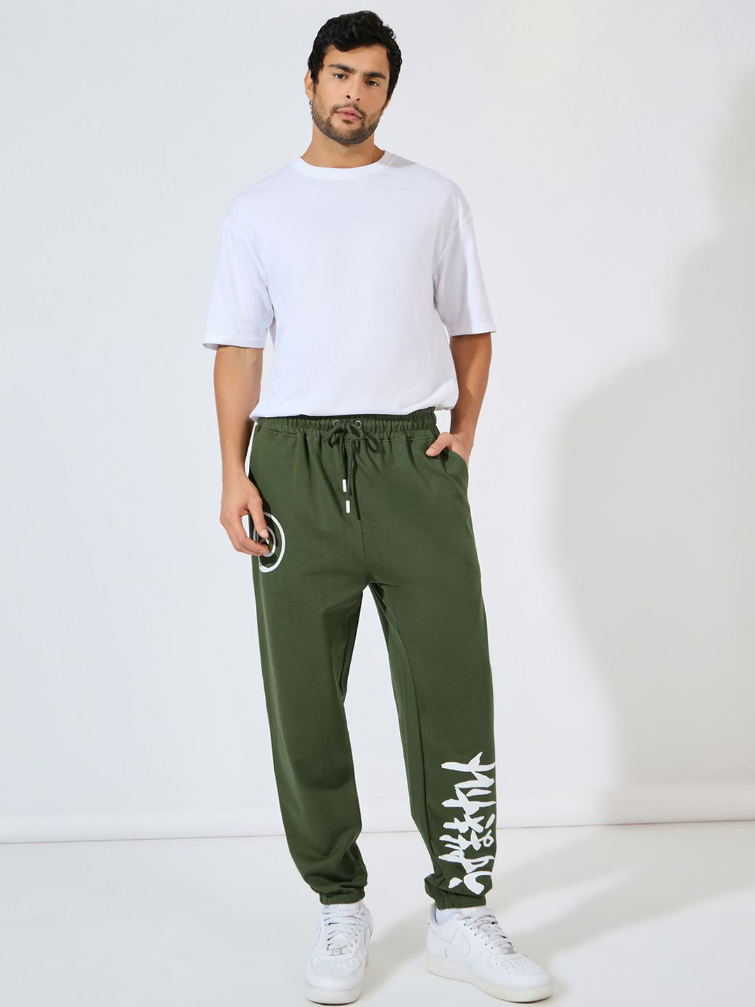Styli Olive Green Naruto Shippuden Graphic Printed Pure Cotton Oversized Joggers