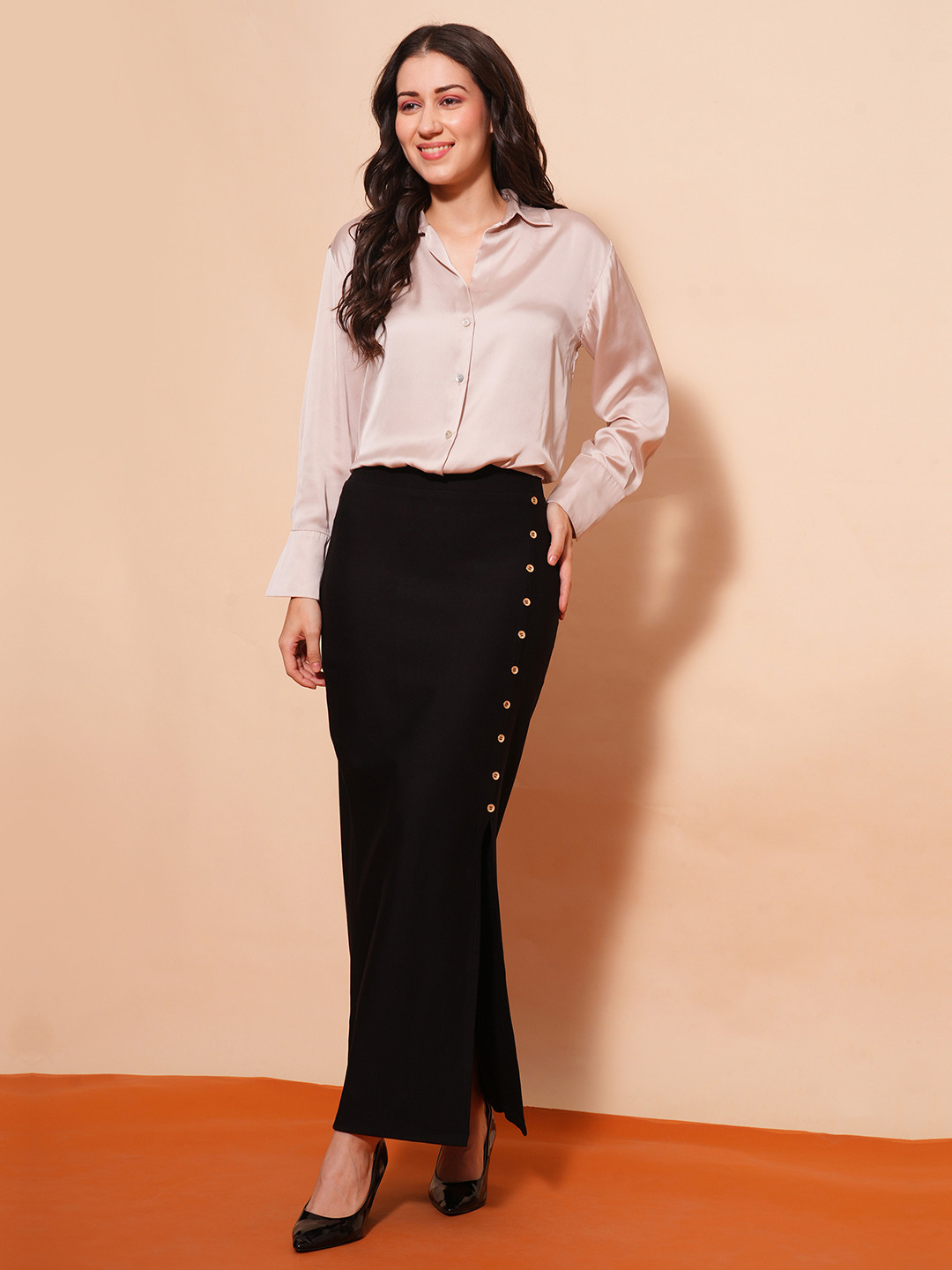 Globus Women Mid-Rise Side Slit Button Detailing Maxi Pencil Skirt