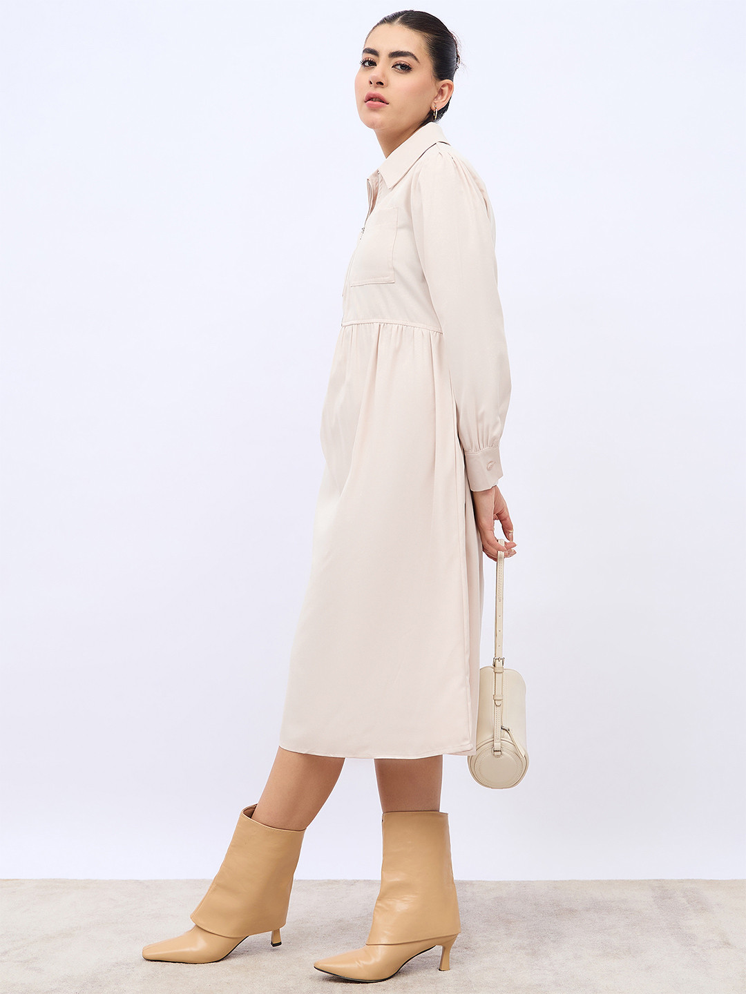 Styli Beige Front Zipper Shirt Collar Puffed Sleeves Cotton A-Line Midi Dress