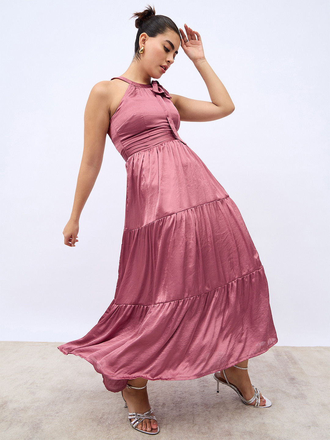 Styli Pink Halter Neck Sleeveless Tiered A-Line Maxi Dress