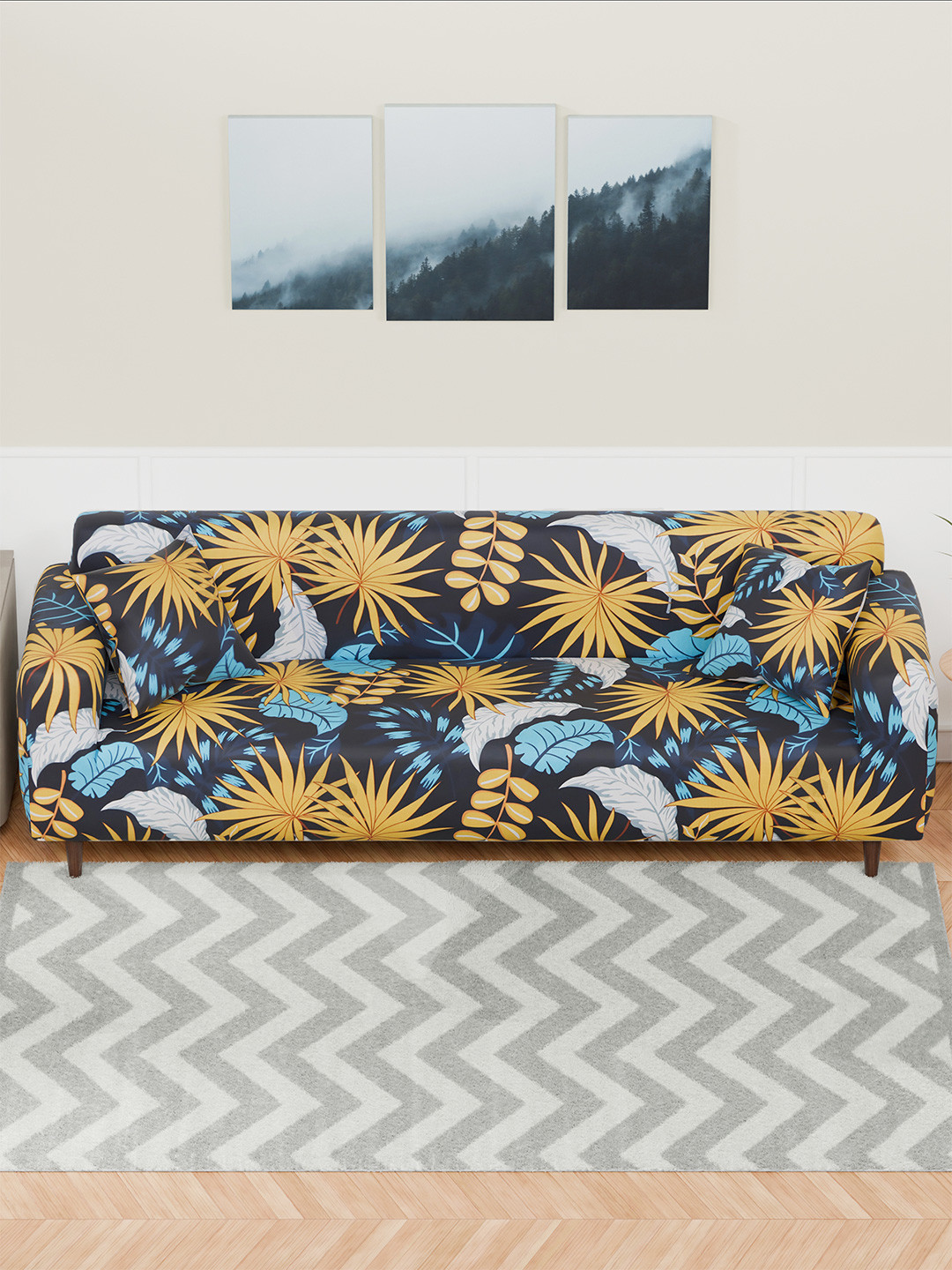 Aura Yellow & Blue Floral Printed 4 Seater Sofa Cover With Arms