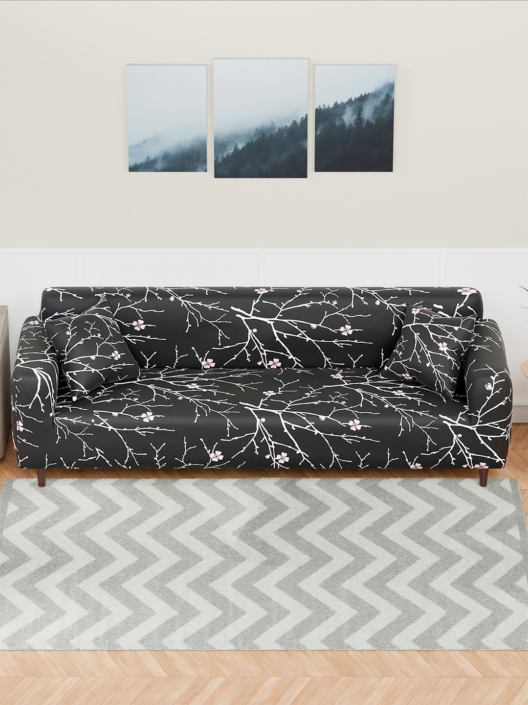 Aura Black & White Stem Printed 4 Seater Sofa Cover With Arms