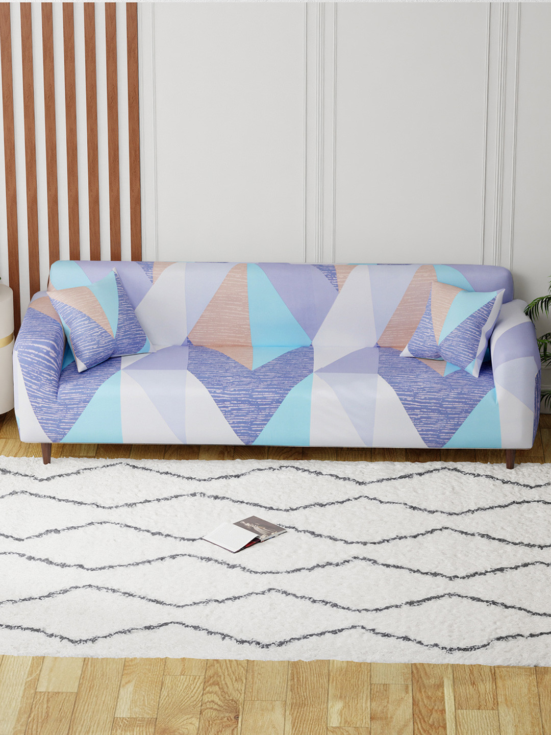 Aura Blue & Brown Abstract Printed 4 Seater Sofa Cover With Arms