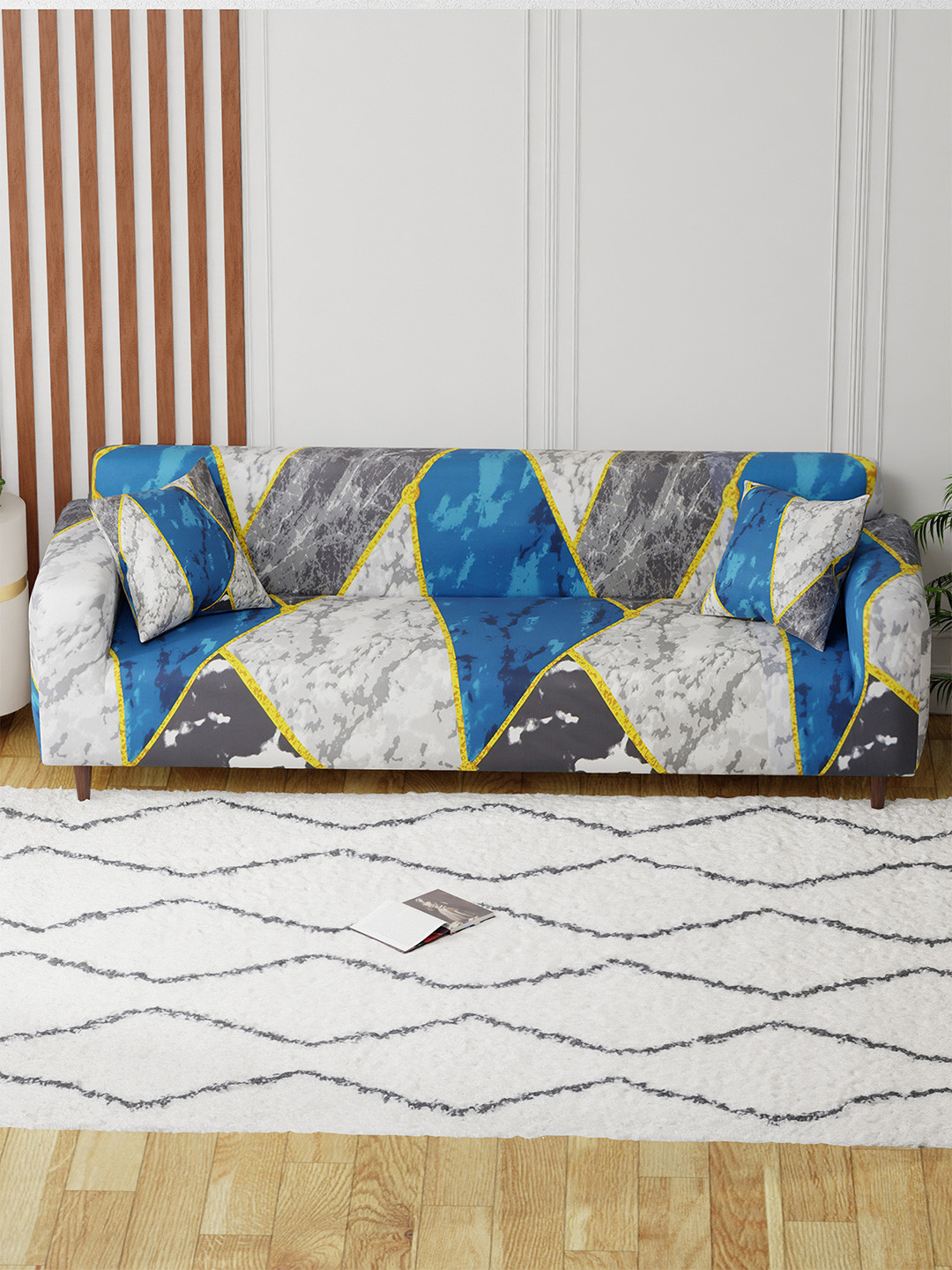 Aura Grey & White Marble Printed 4 Seater Sofa Cover With Arms
