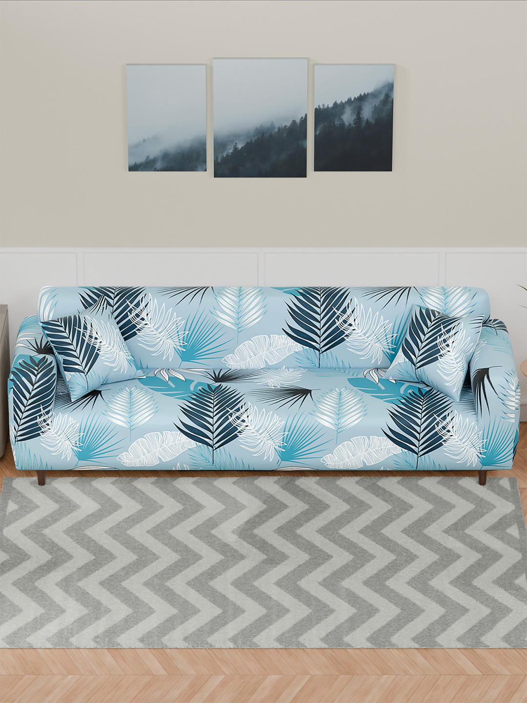 Aura Blue & White Leaves Printed 4 Seater Sofa Cover With Arms