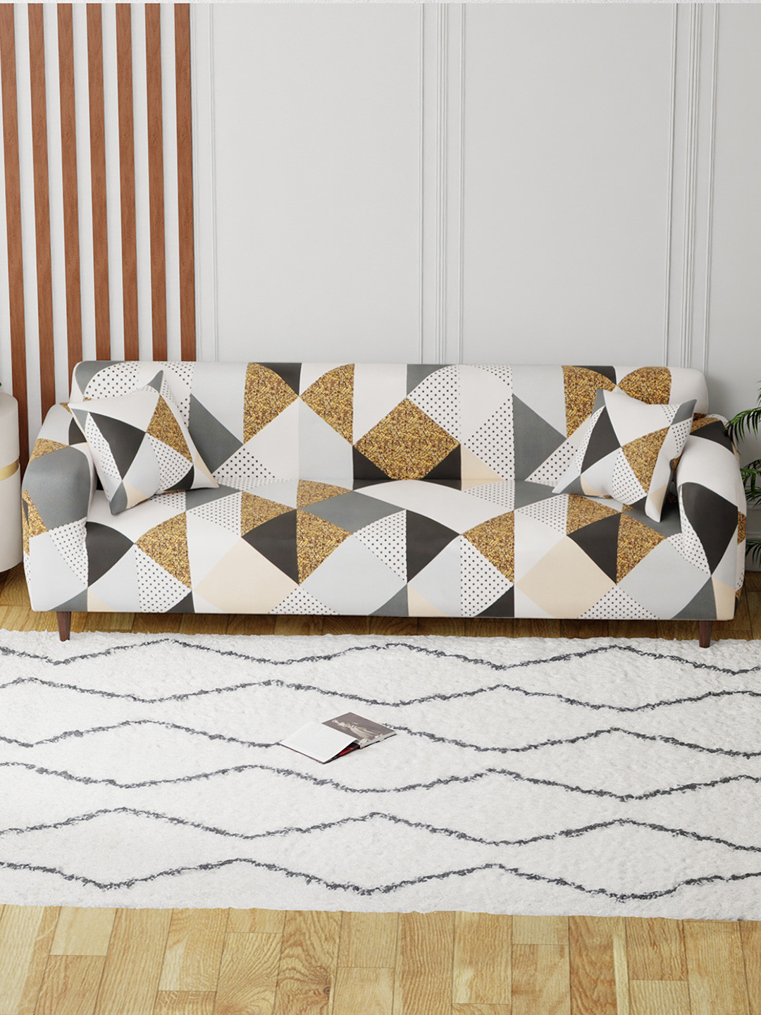 Aura Grey & White Prism Dotted Printed 4 Seater Sofa Cover With Arms