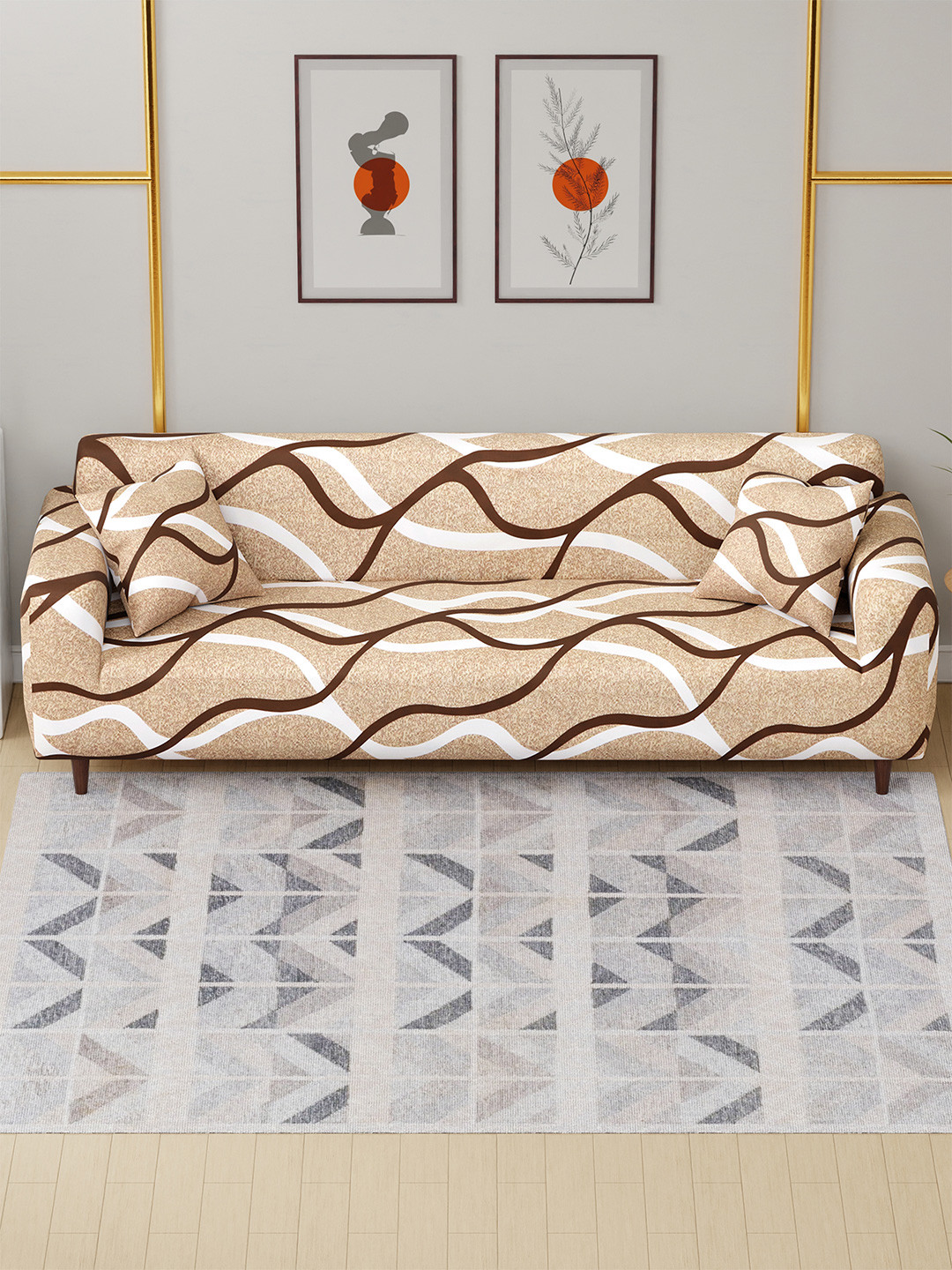 Aura Beige & White Lining Printed 4 Seater Sofa Cover With Arms
