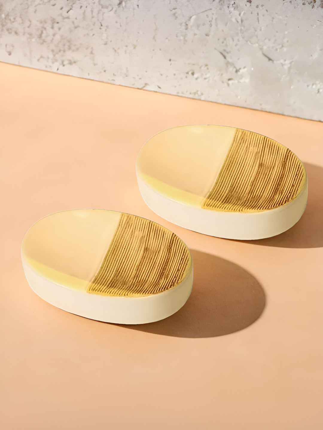 UMAI Khaki Coloured & Beige 2 Piece Striped Ceramic Soap Dish