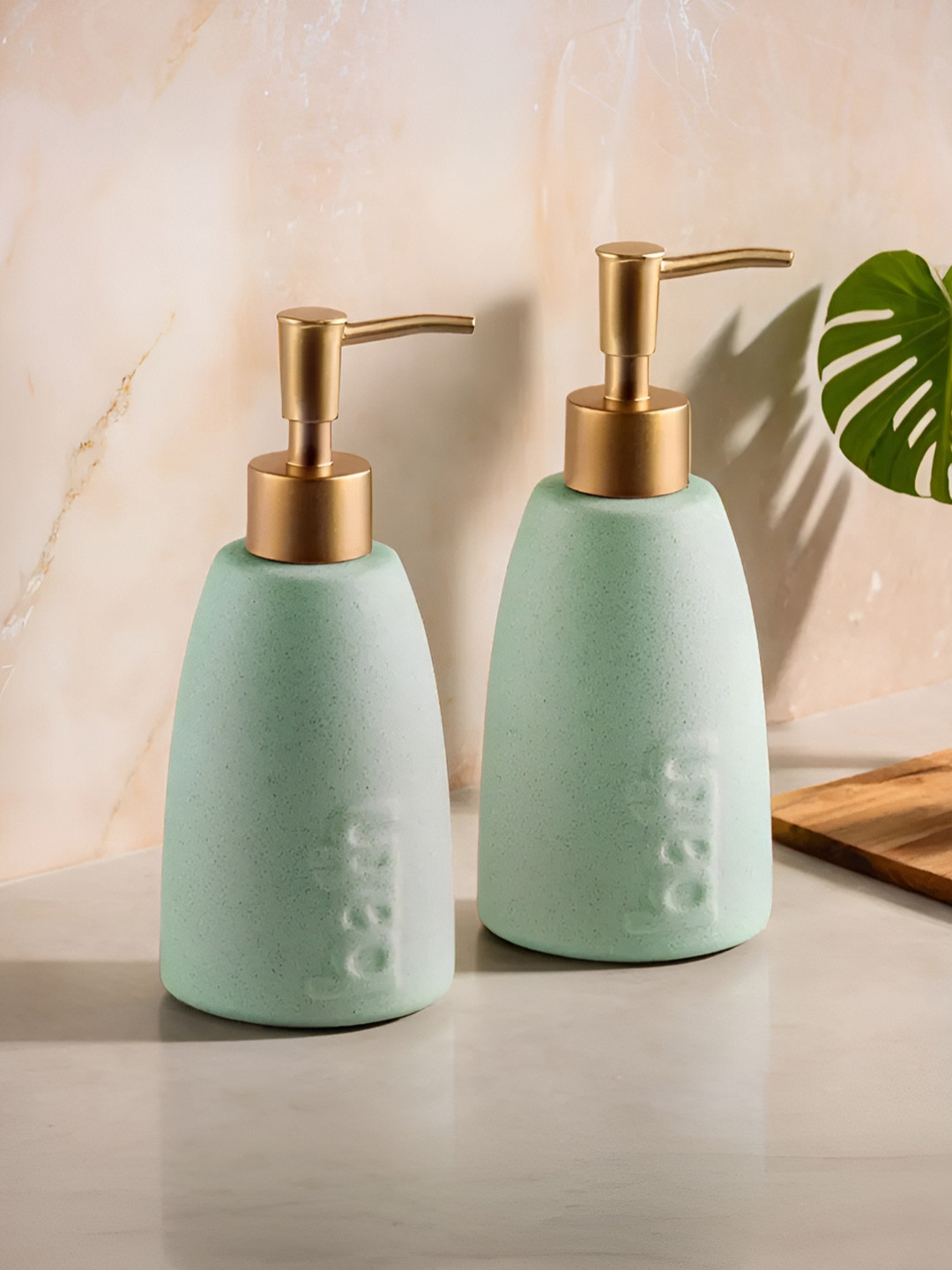 UMAI Green & Gold-Toned 2 Pieces Matte Ceramic Soap Dispensers 320 ml