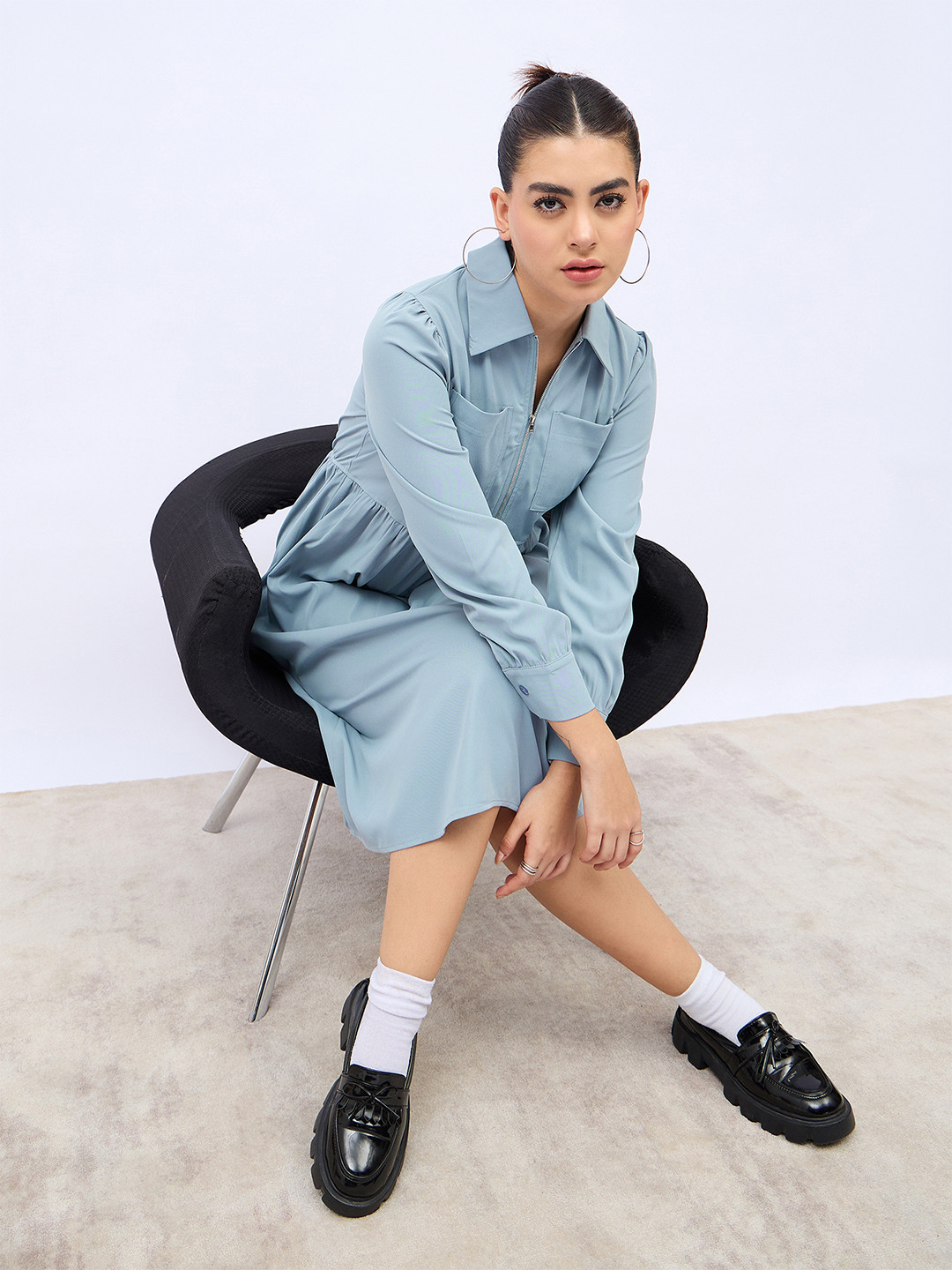 Styli Shirt Collar Front Zipper Collar Puff Sleeves Cotton  A-Line Midi Dress