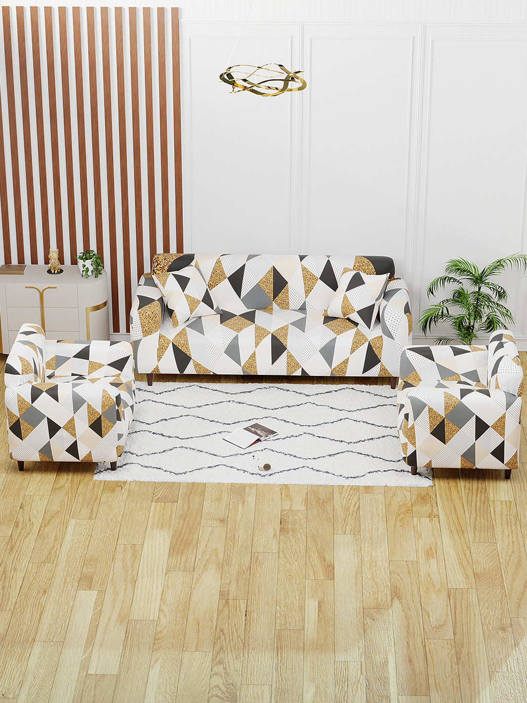 Aura Grey & White 3 Pieces Prism Dotted 5 Seater Sofa Cover With Arms & Cushion Cover