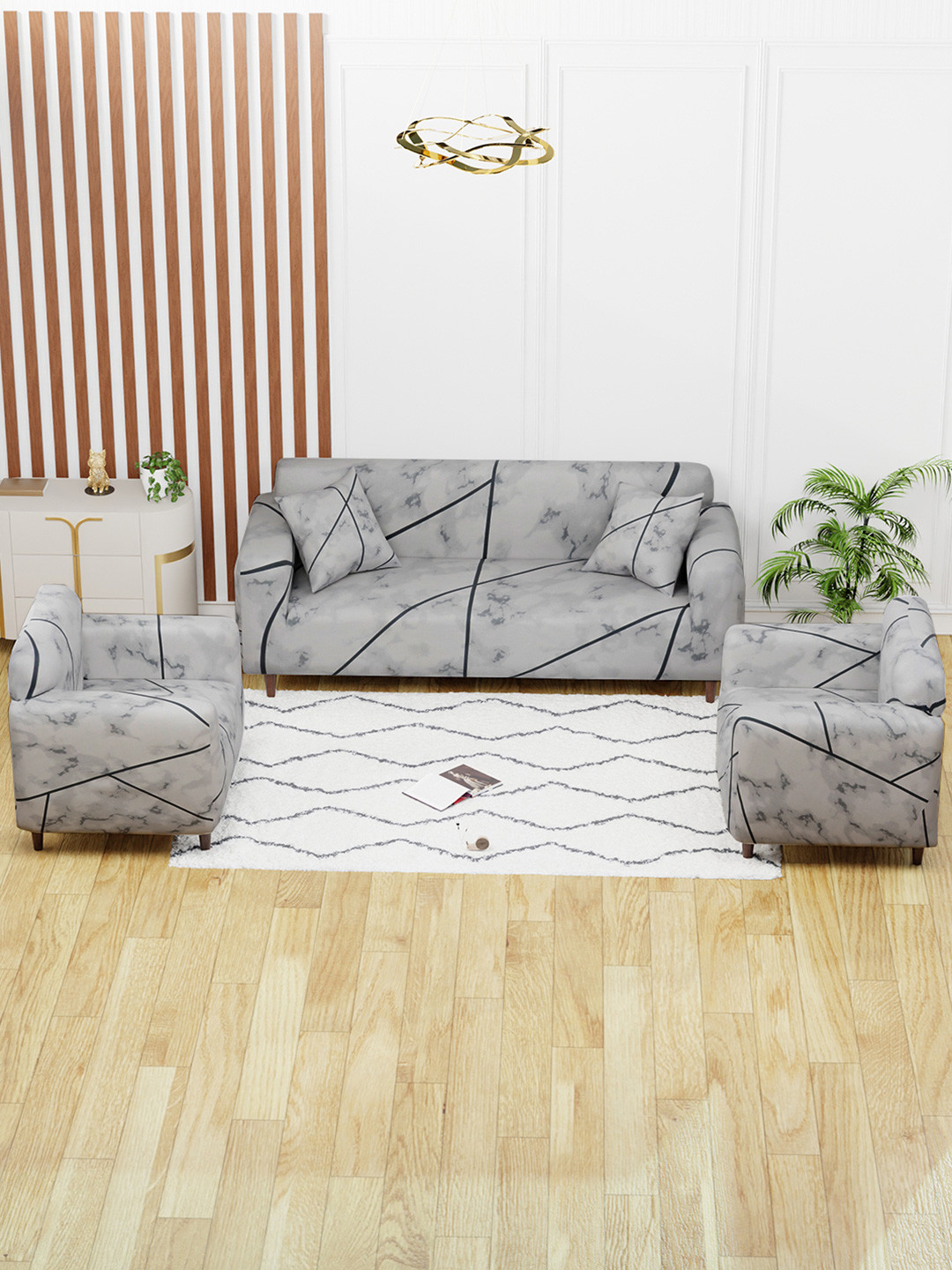 Aura Grey & Black 3 Pieces Marble Printed 5 Seater Sofa Cover With Arms & Cushion Cover