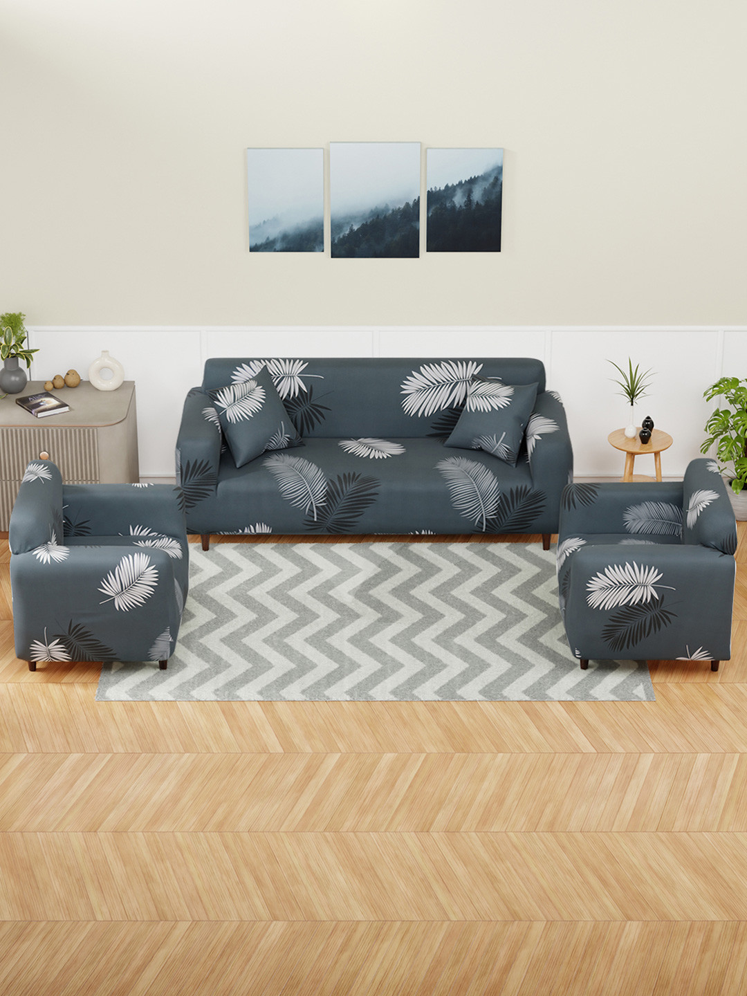 Aura Grey & White 3 Pieces Leaves Printed 5 Seater Sofa Cover With Arms & Cushion Cover