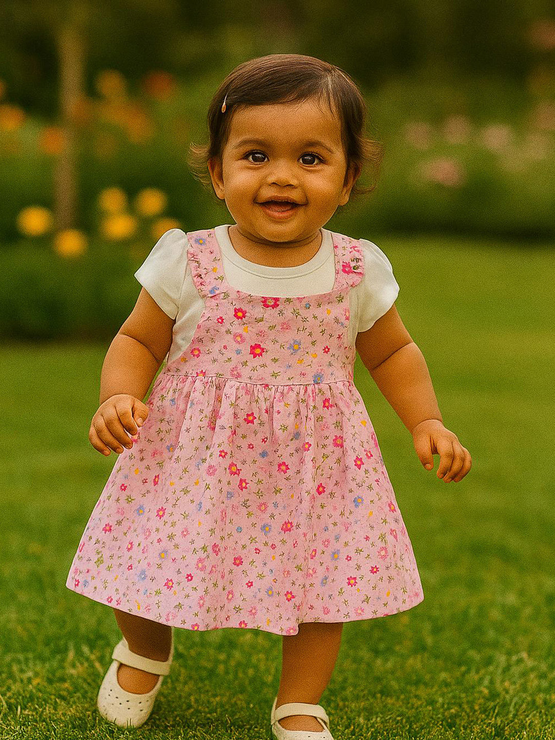 MeeMee Girls Shoulder Straps Flutter Sleeve Floral Print Fit & Flare Dress