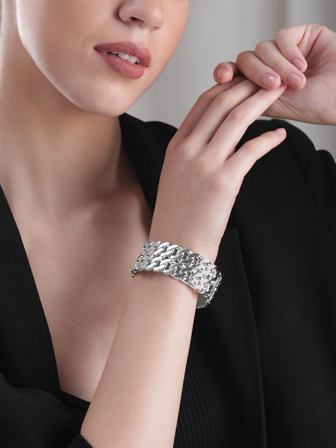 Rubans Rhodium-Plated Silver-Toned Chain Link Bangle Style Elegant Bracelet