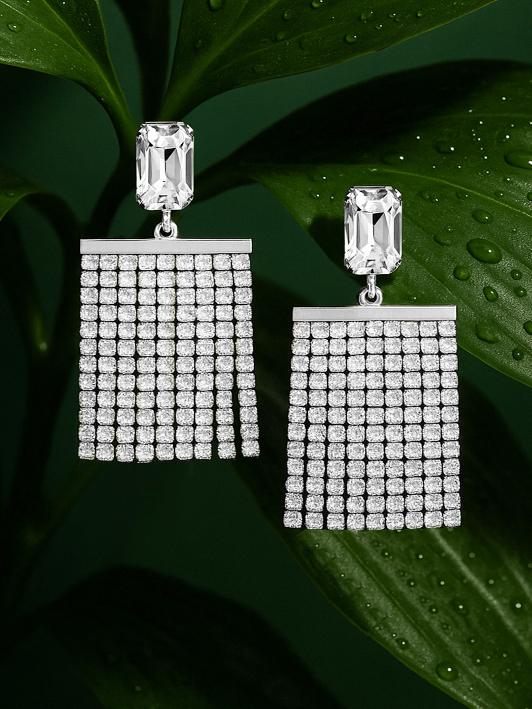 Rubans Silver-Plated Glamorous AD & Cubic Zirconia Studded Multilayered Drop Earrings