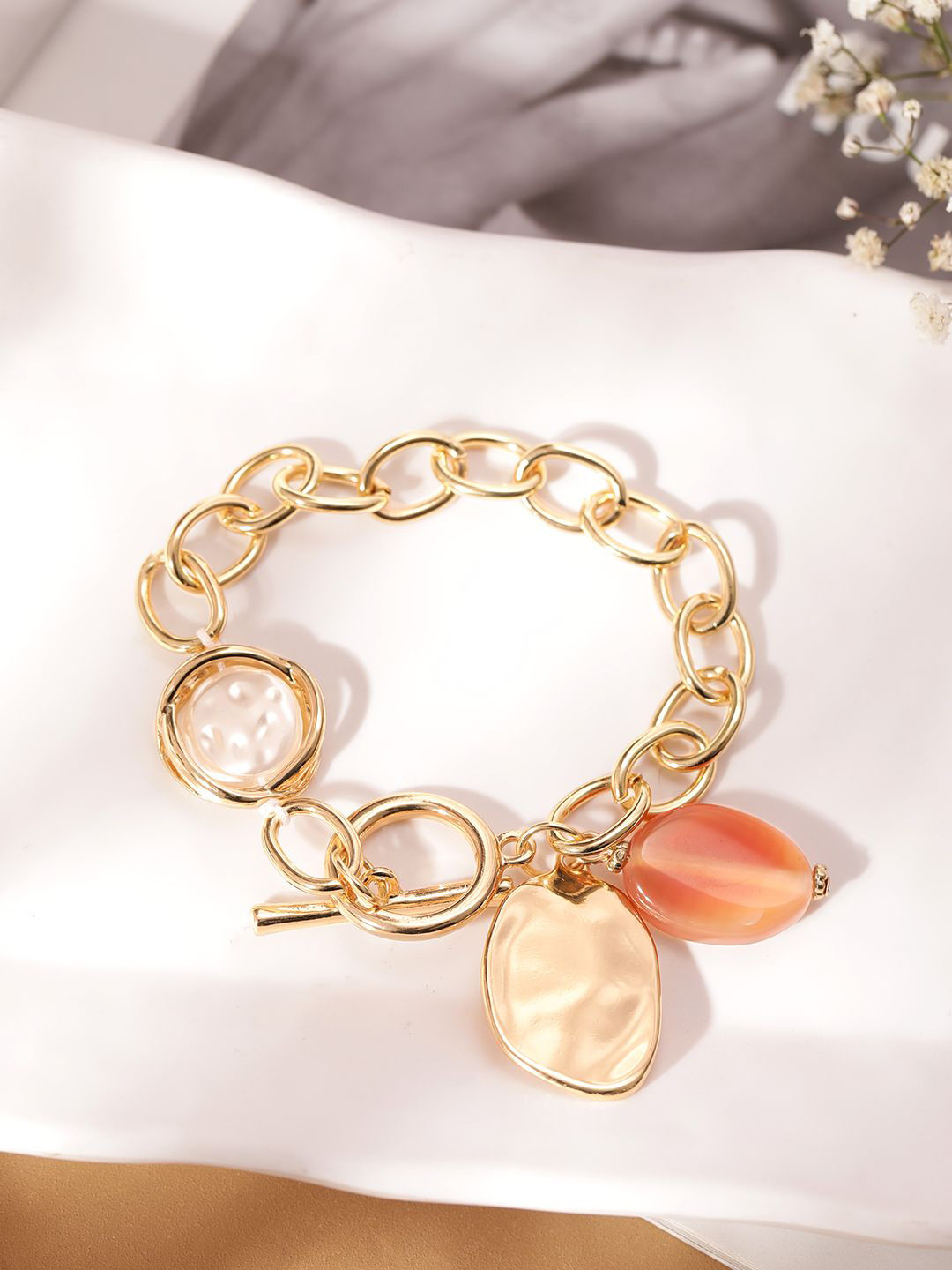 Rubans 18K Gold Plated Stainless Steel Tarnish-Free Demi-Fine Link Bracelet with Charms