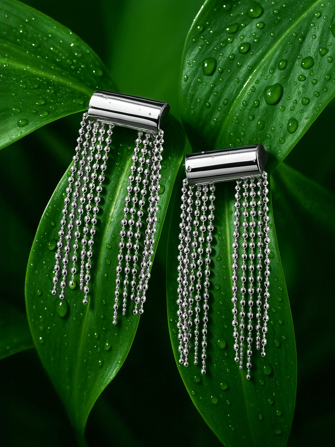 Rubans Rhodium-Plated Long Tassel Drop Earrings with Sleek Chain Design