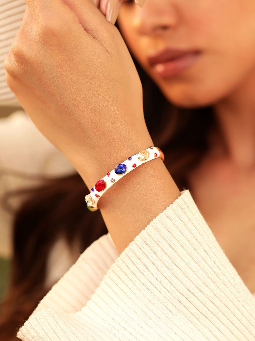 Rubans 18K Gold Plated White Enamel Multicolor Crystal Stone Studded Cuff Bracelet