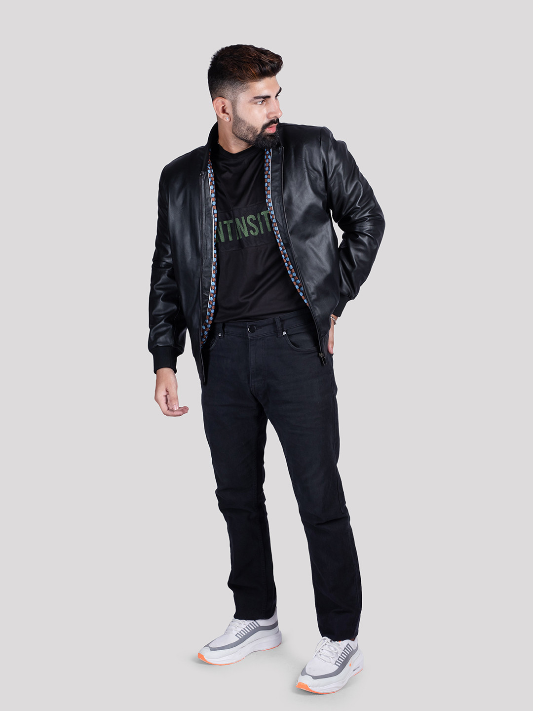 HUE & HIDE Men Stand Collar Genuine Leather Bomber Jacket