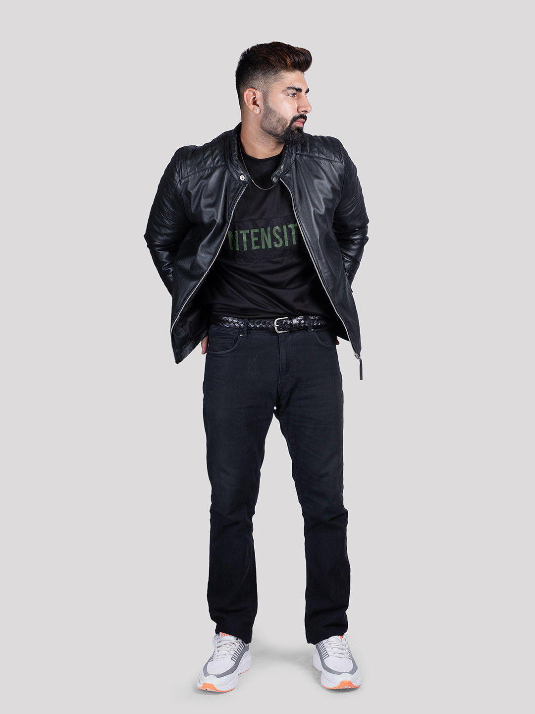 HUE & HIDE Men Stand Collar Genuine Leather Longline Biker Jacket