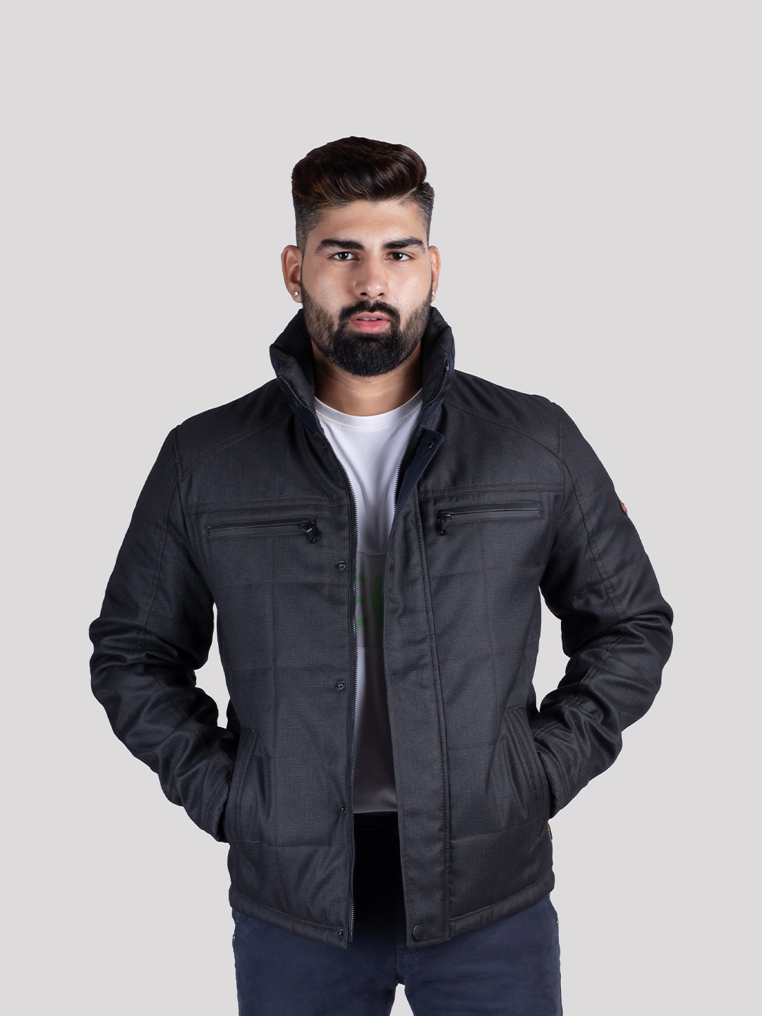 HUE & HIDE Men's Stand Collar Long Sleeves Smoke Grey Jacket