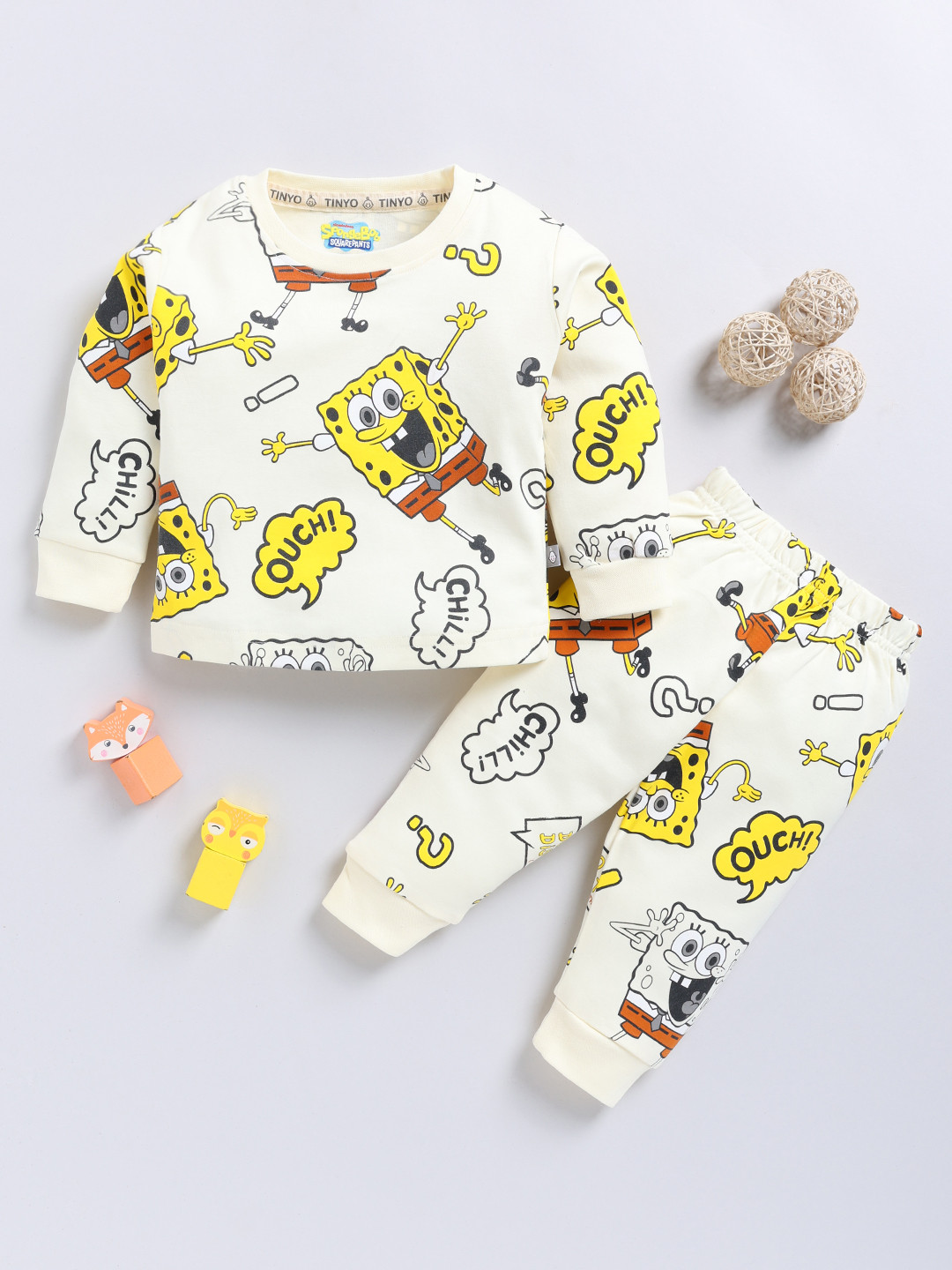 YK X Tinyo Infant Boys Pure Cotton SpongeBob Printed T-shirt with Joggers