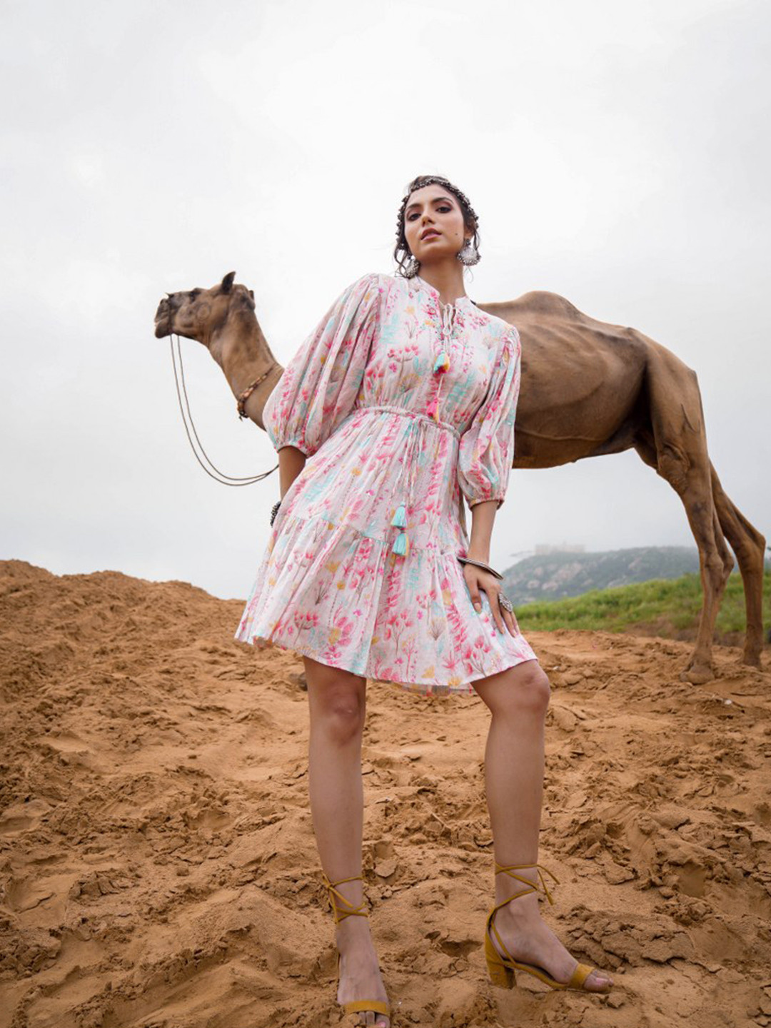 CUSTARD Floral Print Puff Sleeve Cotton Fit & Flare Dress