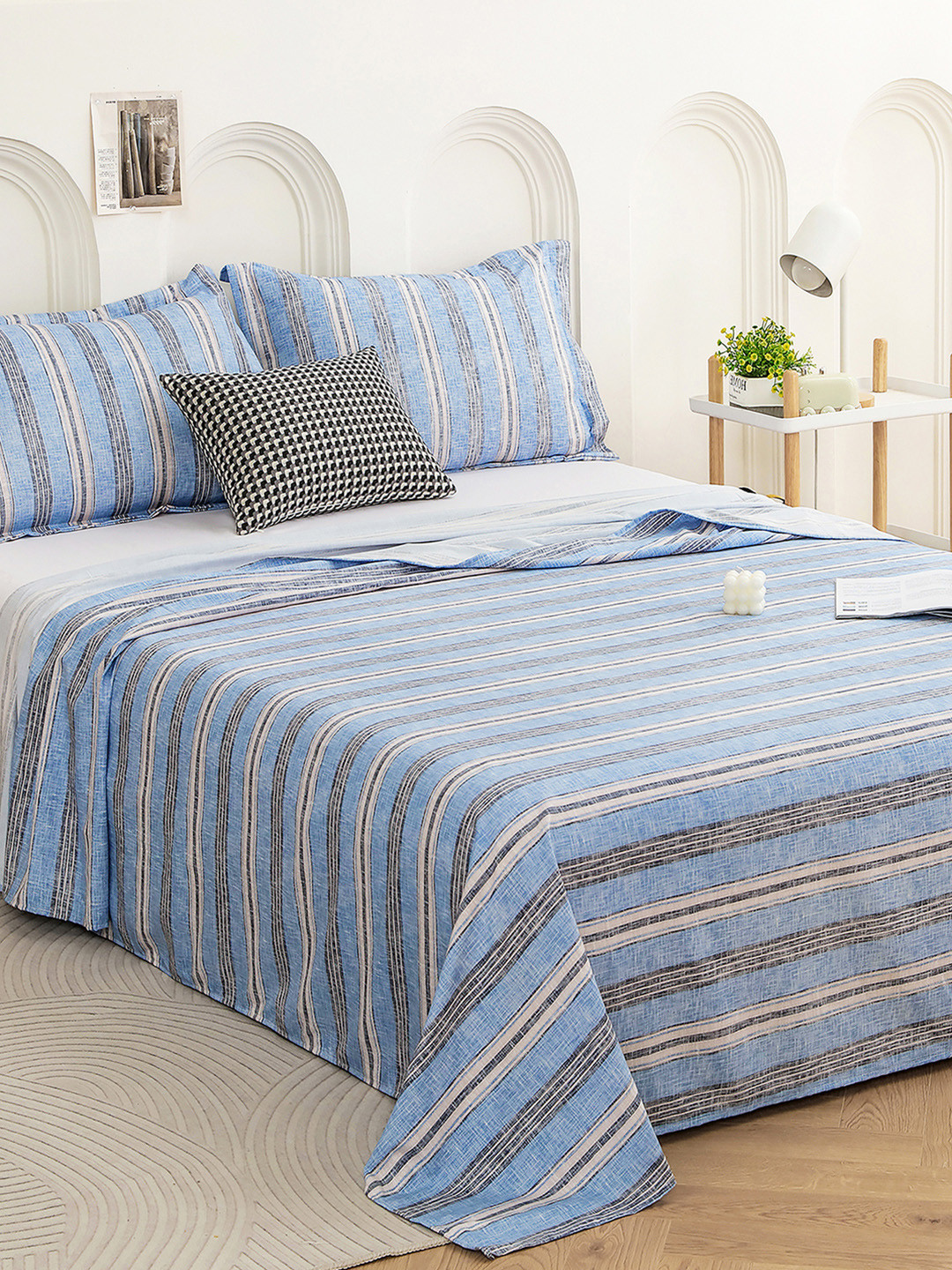 Story@home Aviator Blue Striped Cotton Breathable 240 TC King Fine Bedsheet with 2 Pillow Covers-98 x 106 inches