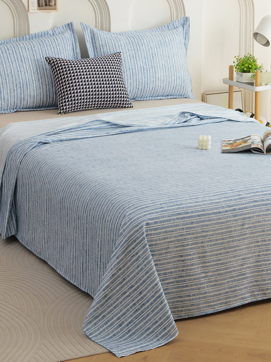 Story@home Blue Striped Cotton 240 TC King Bedsheet with Pillow Covers - 98x108 In