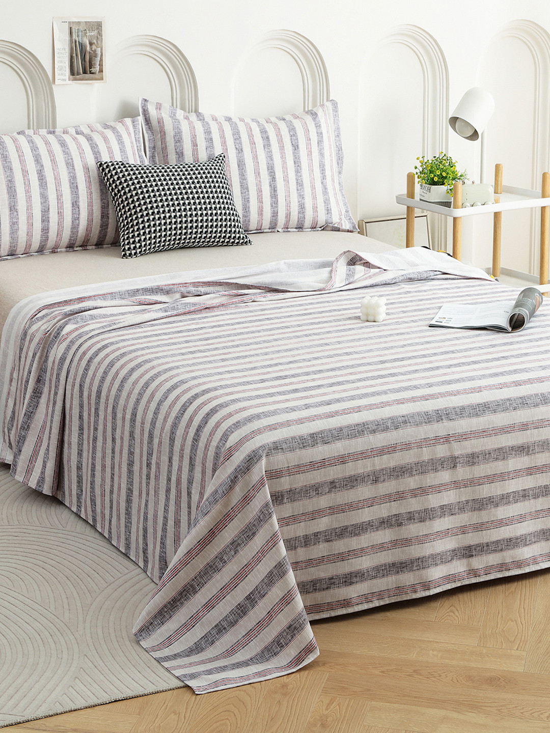 Story@home Grey Striped Cotton 240 TC Super King Fine Bedsheet with 2 Pillow Covers - 98x108 In