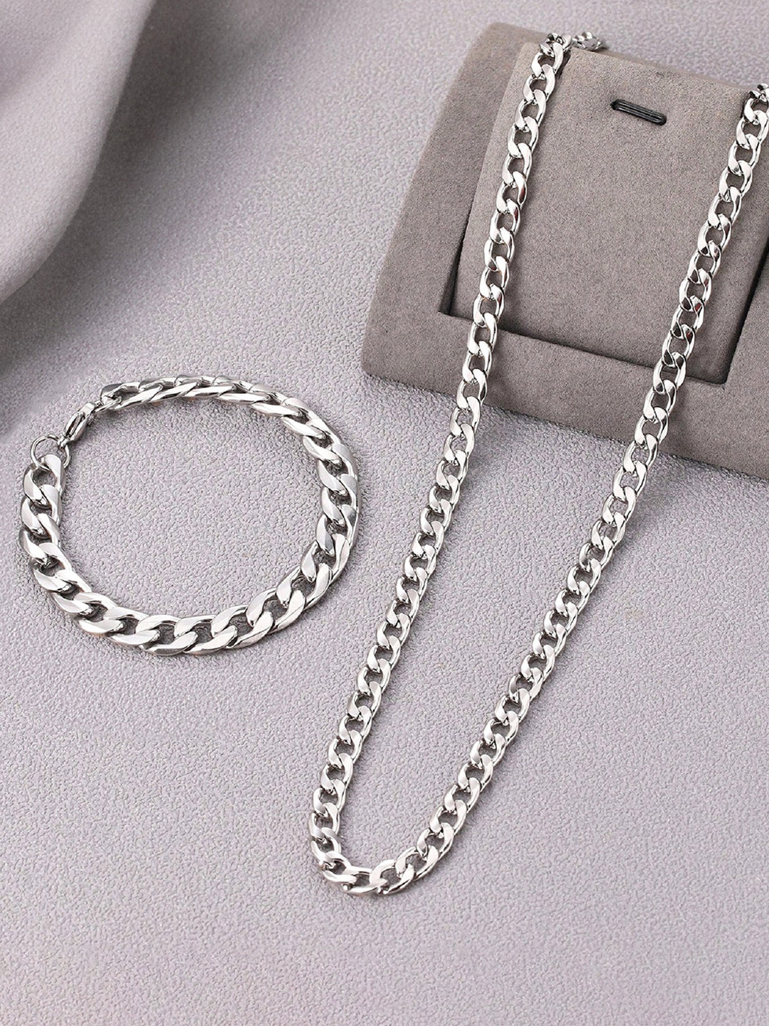 Minprice Men Stainless Steel Silver-Plated Jewellery Set