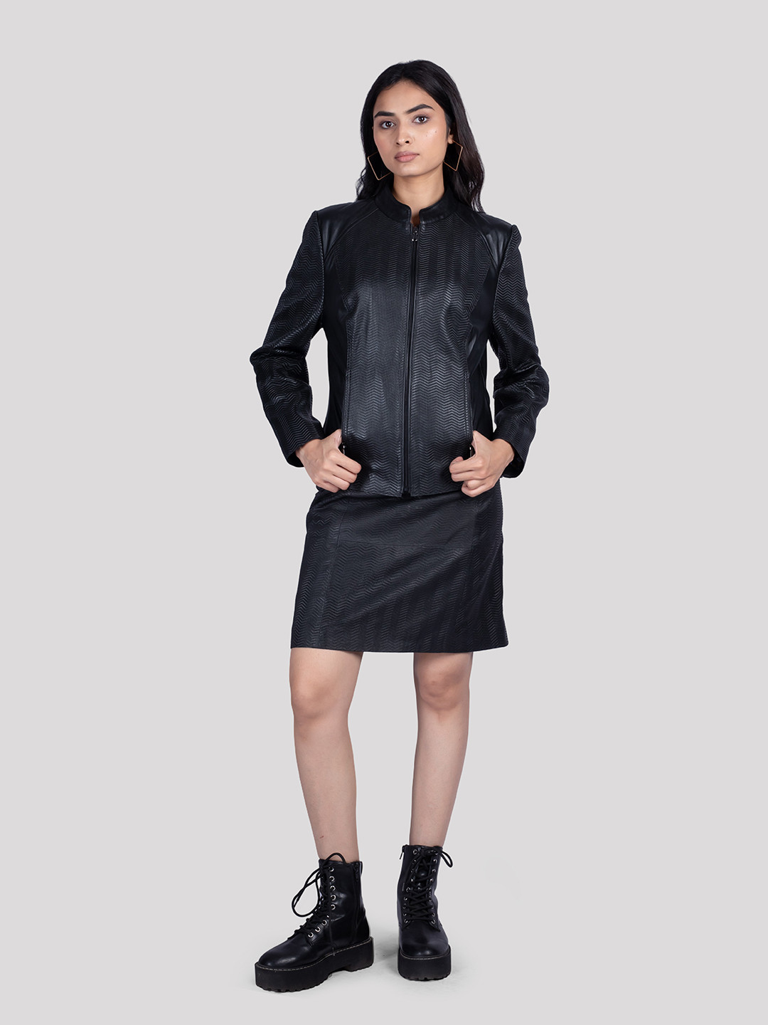 HUE & HIDE Women Self Design Mandarin Collar Crop Genuine Leather Jacket