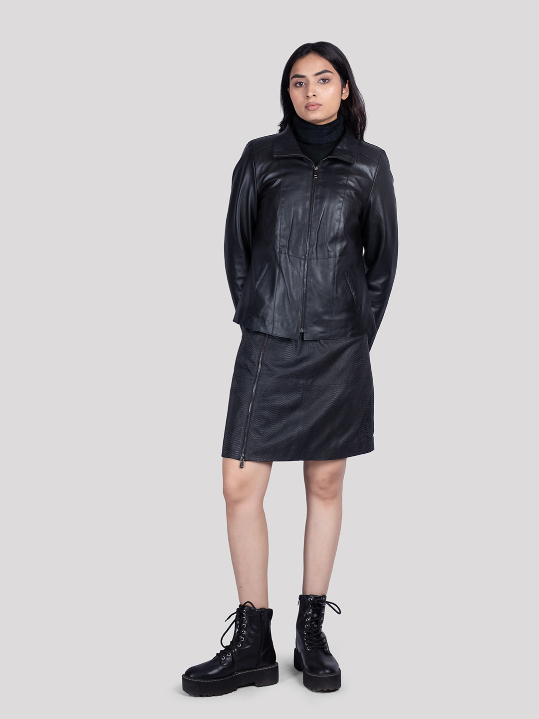 HUE & HIDE Women Solid Mock Collar Genuine Leather Jacket