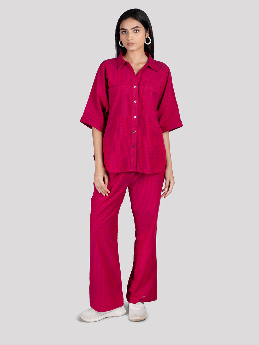 HUE & HIDE Women Cotton Checked Collared Chest Pockets Co-Ord Set