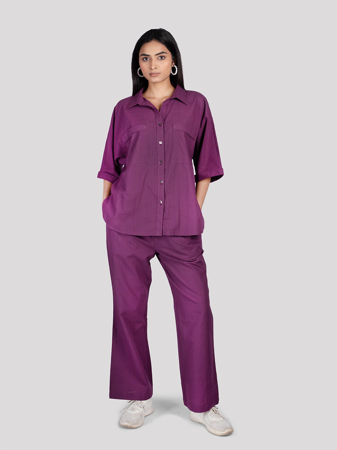 HUE & HIDE Women Cotton Check Collared Chest Pockets Co ord Set