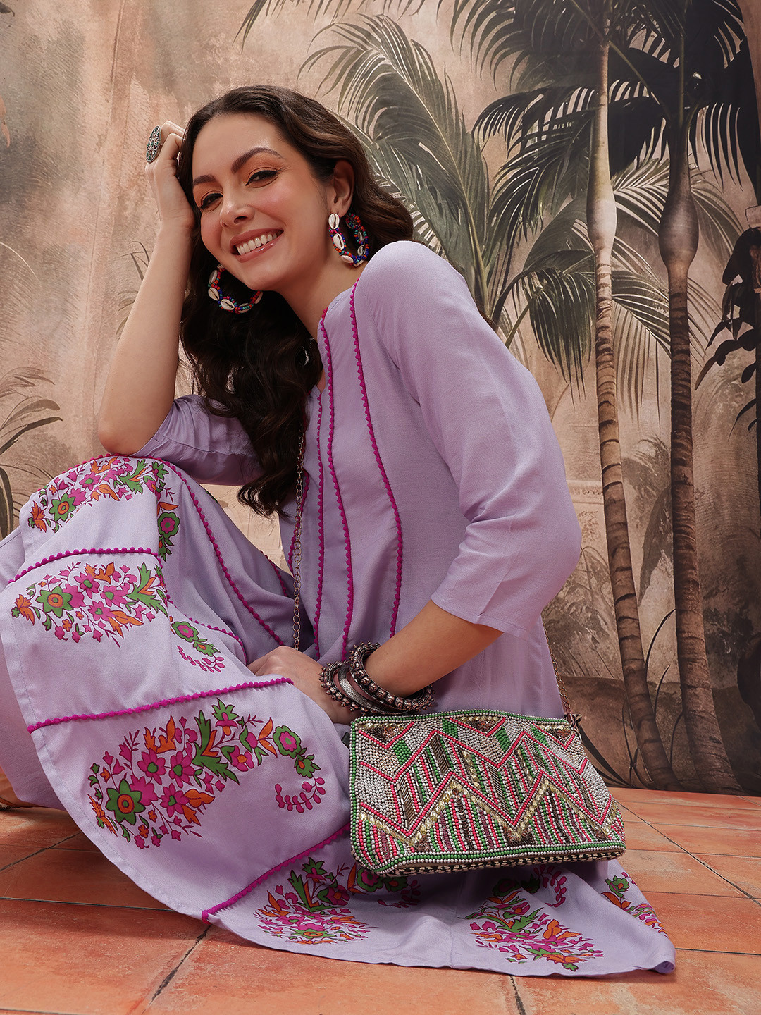 Sangria Bobble Lace Paneled A-Line Kurti With Solid Tulip Pants