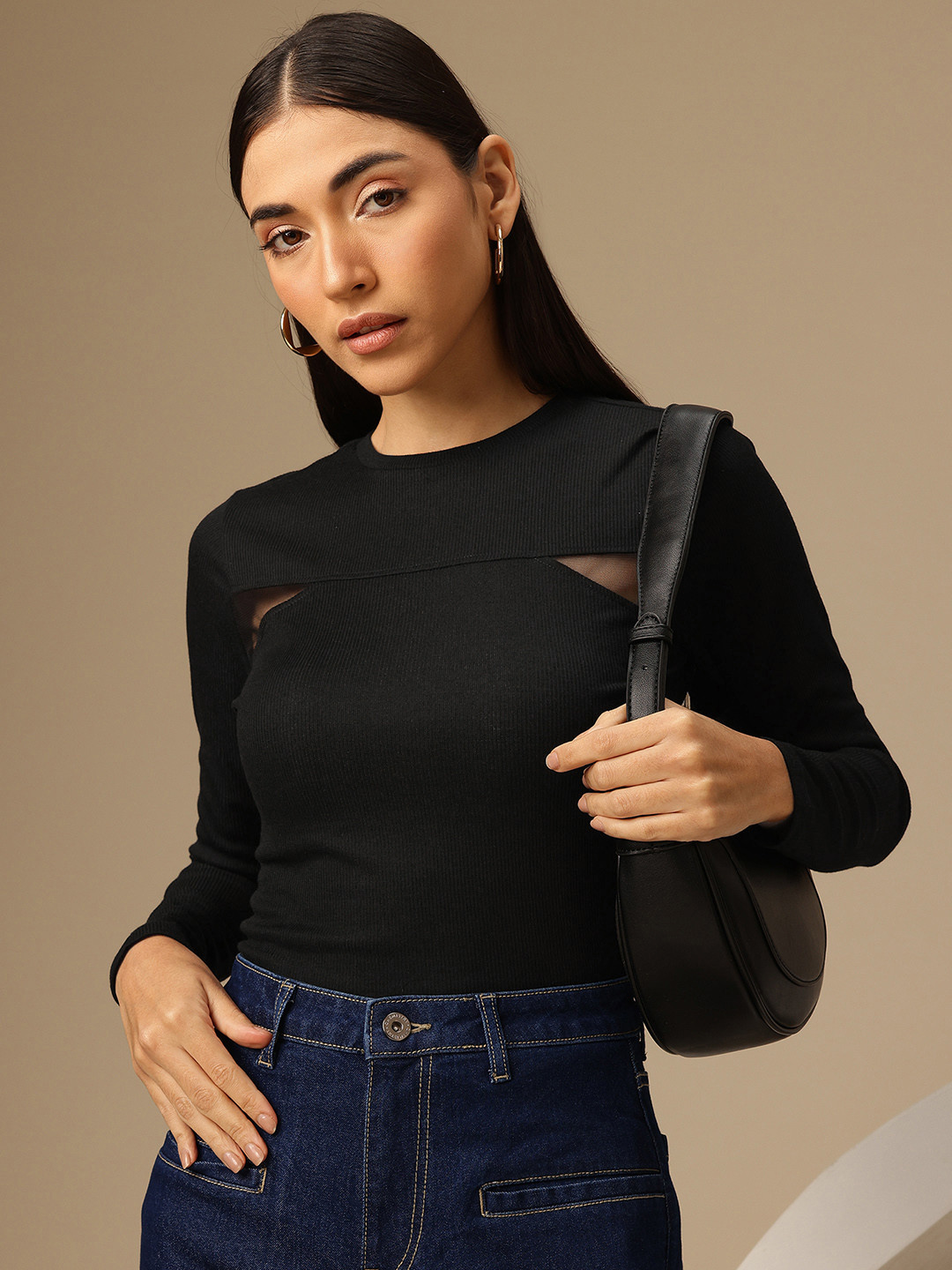 Chemistry Cut Out Net Detail Ribbed Fitted Top