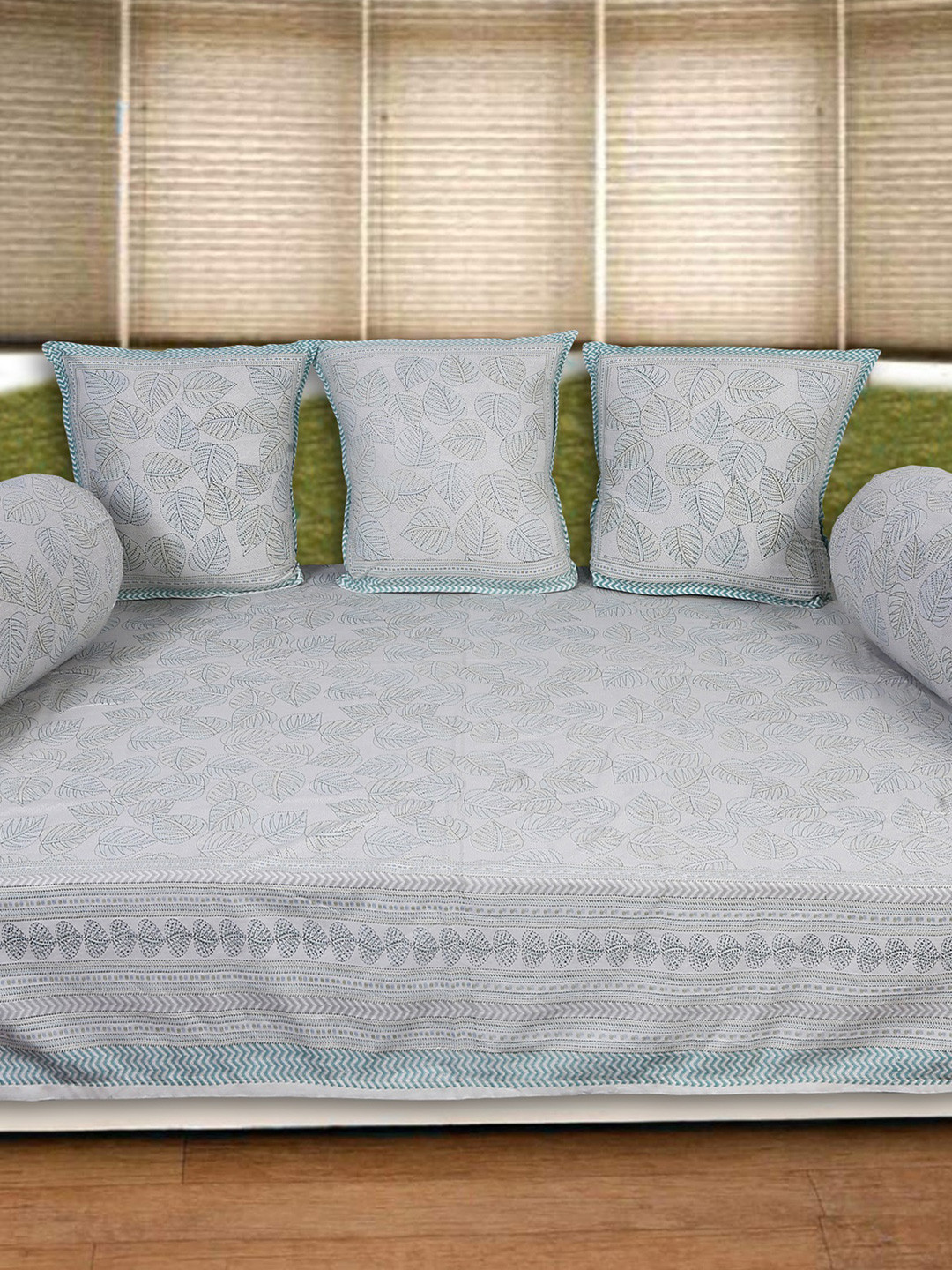 INDHOME LIFE Grey and Teal Floral Printed Cotton Diwan Set