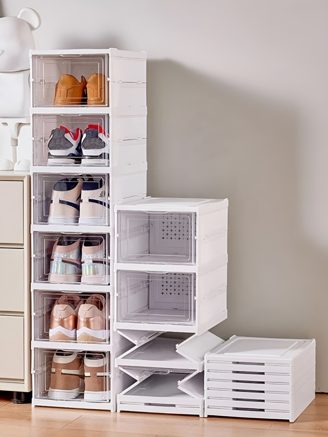 TIED RIBBONS White & Transaprent 6 Pieces Shoe Rack Organiser