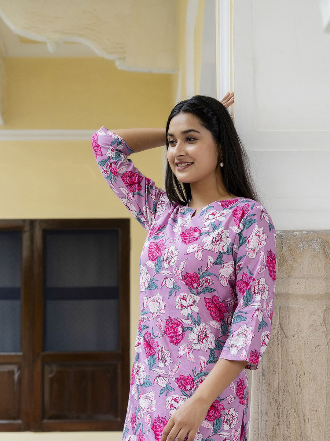 HERE&NOW Floral Printed Notch Neck Pure Cotton Top with Palazzo Co-Ords