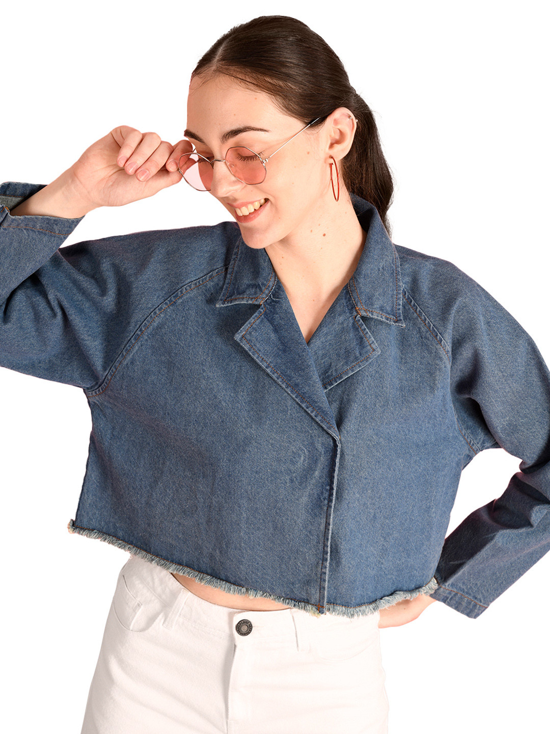 IVOC Women Solid Washed Lapel Collar Crop Pure Cotton Denim Jacket