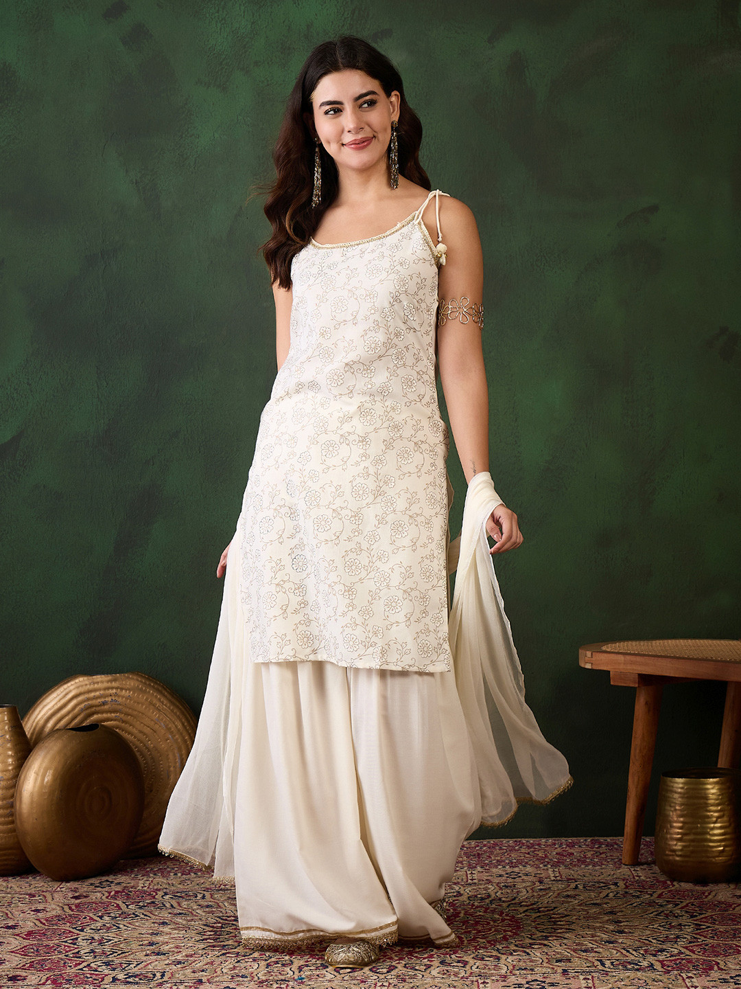 Sangria Floral Printed Shoulder Straps Rayon Straight Kurta & Palazzo With Dupatta