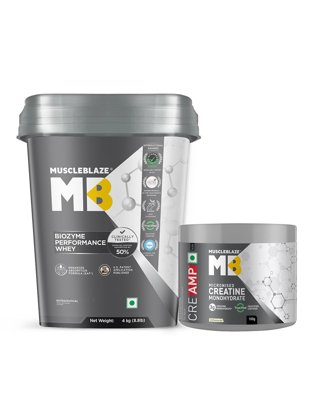 MuscleBlaze Set Of 2 Biozyme Performance Whey Protein - 4 kg & Creatine Monohydrate - 100g