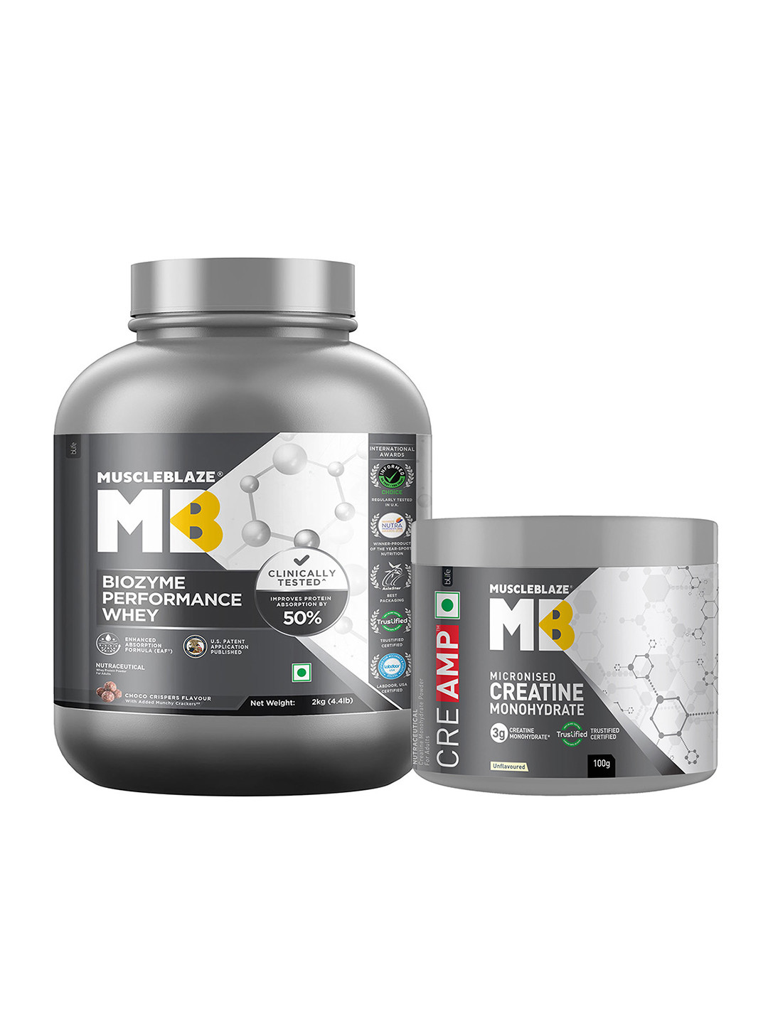 MuscleBlaze Set Of 2 Biozyme Performance Whey Protein - 2 kg & Creatine Monohydrate - 100g