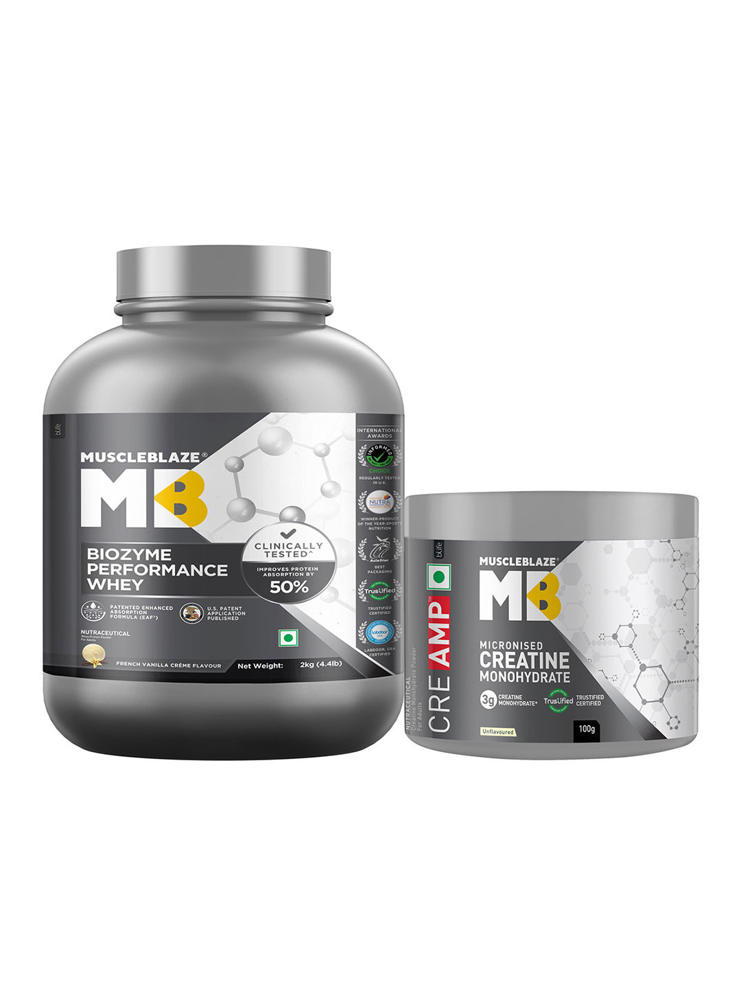 MuscleBlaze Set Of 2 Biozyme Performance Whey & Creatine Monohydrate - 2kg & 100g