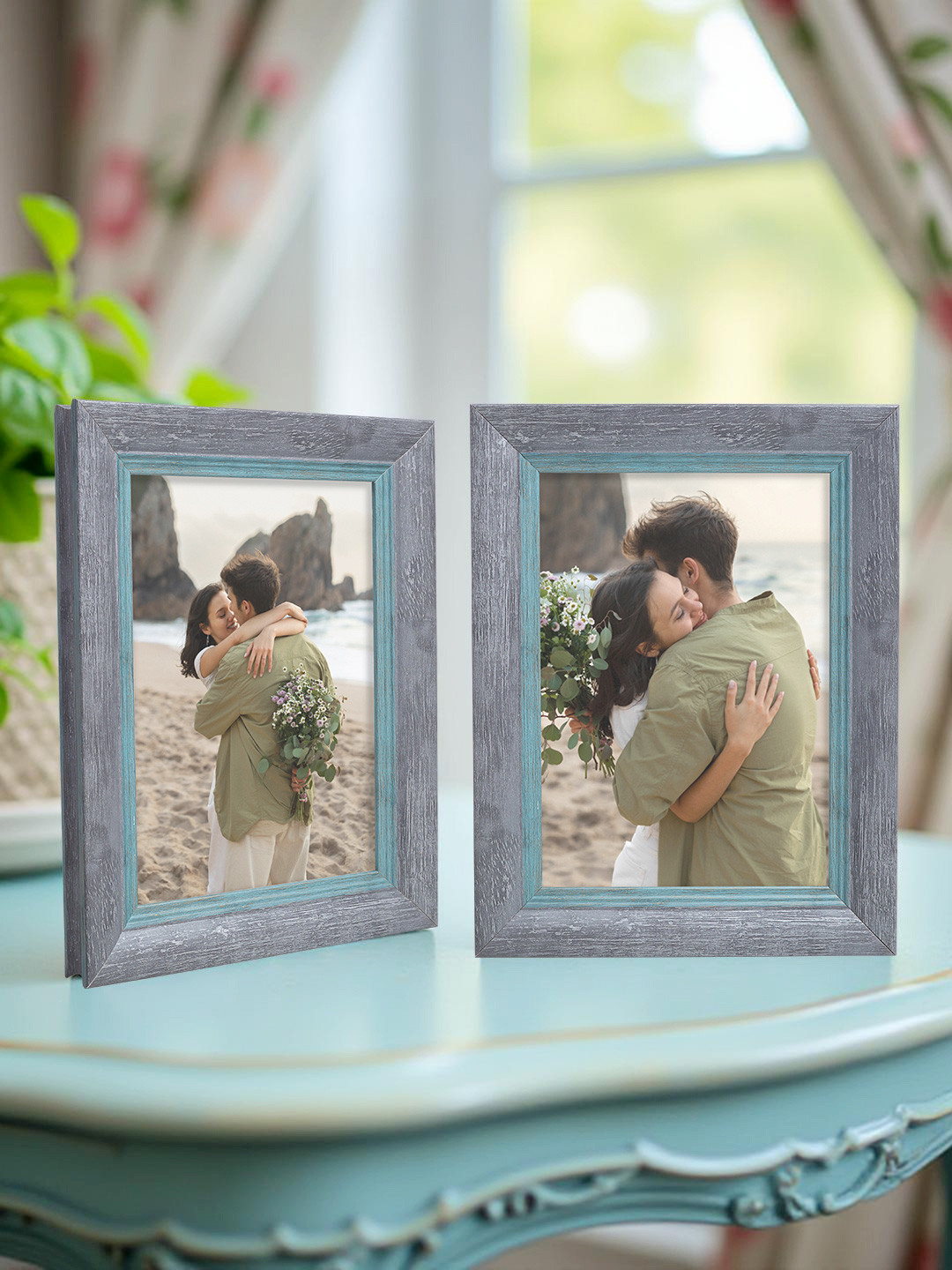 Golden Peacock Blue 2 Pieces Rectangular  Table-Top Photo Frames